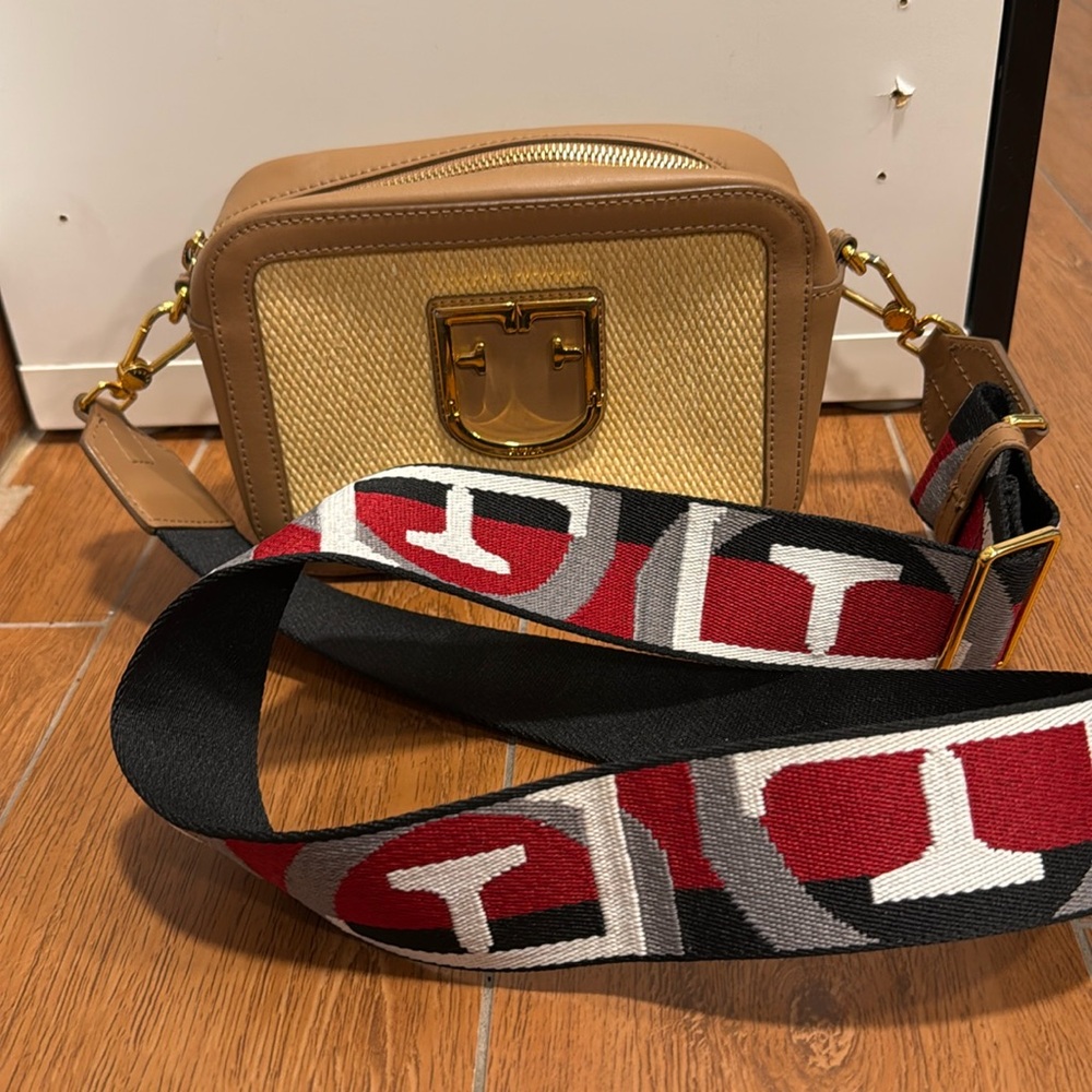 Furla woven camera bag with detailed strap